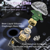 BASN Bmaster5 Five Drivers (1DD+4BA) MMCX Connector In Ear Monitor Headphone (Midnight Black)